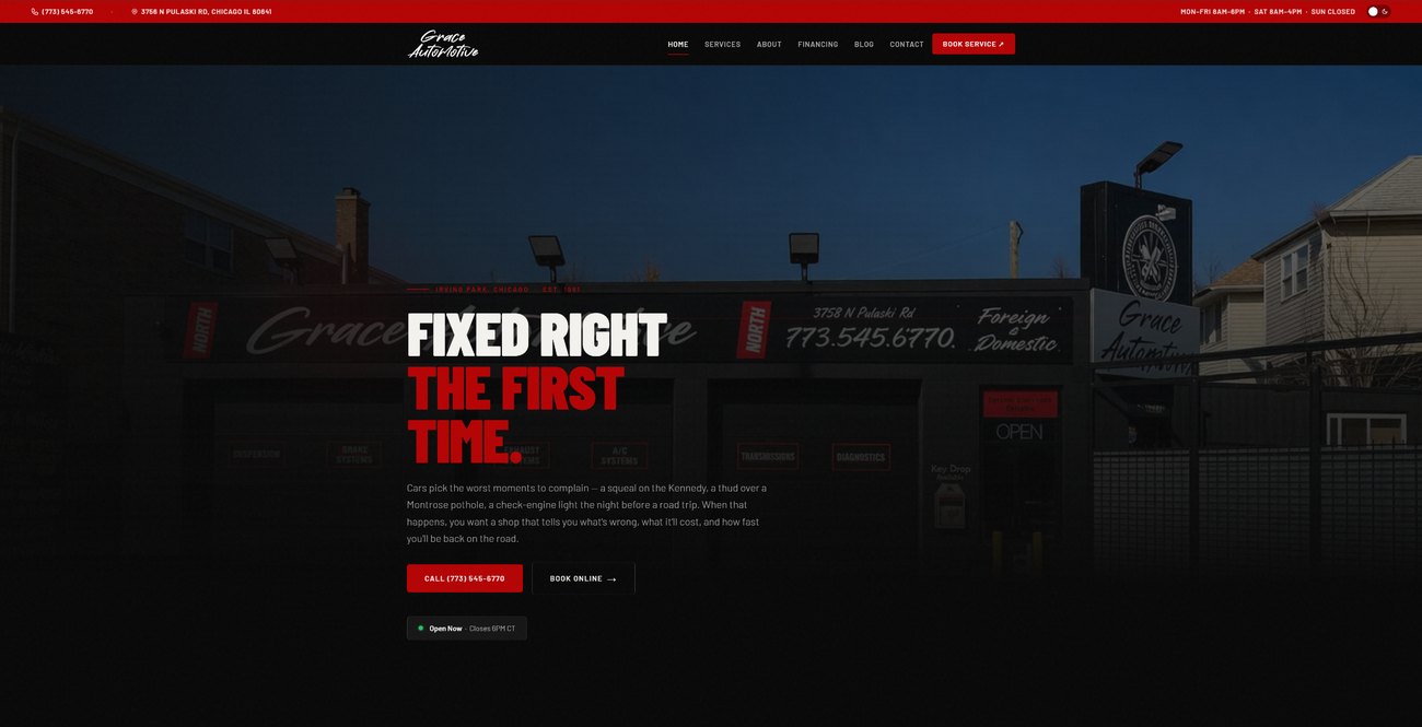 Grace Automotive website homepage — Fixed Right The First Time