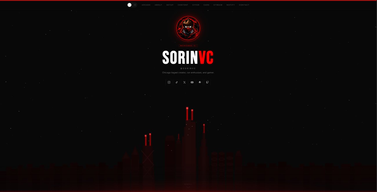 SorinVC.com homepage — Chicago creator brand with animated skyline